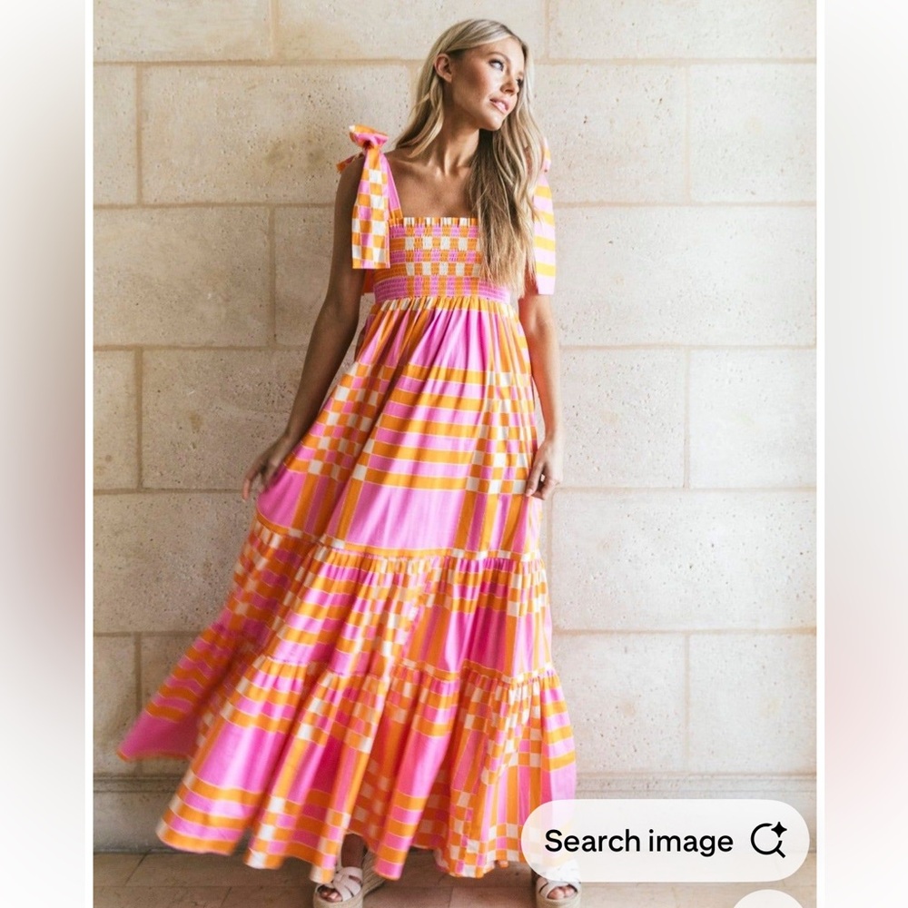 Tie-Shoulder Pink & Orange Check Maxi Dress